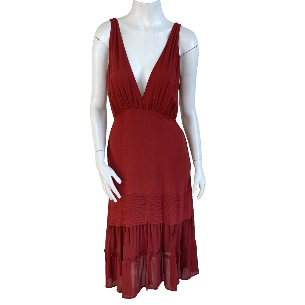 Aura The Label Cocktail Party Midi Dress Women's Small Rust Red Plunge V-Neck